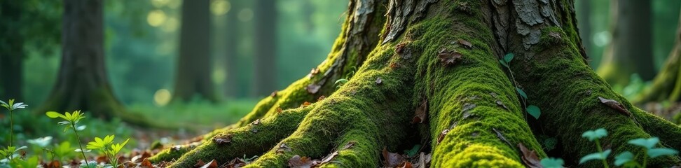 Vines and moss entwine the trunk of a giant pine, tree, vines
