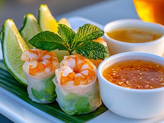 Delight in a culinary masterpiece with these freshly prepared shrimp spring rolls, a symphony of flavors and textures Succulent shrimp mingles harmoniously with crisp vegetables, all lovingly wrapped
