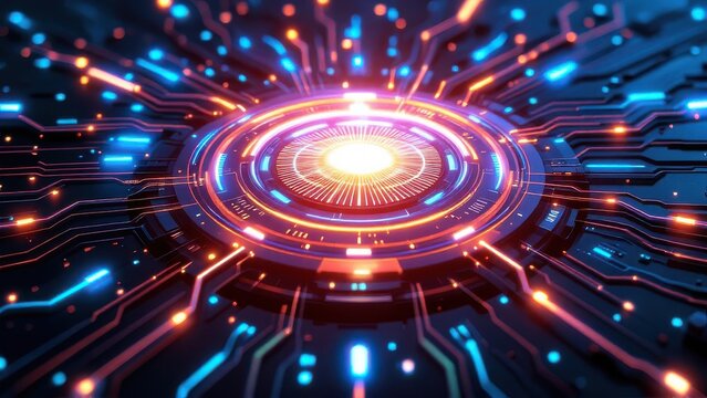 Futuristic 3D rendering of a glowing high-tech circuit board with neon lights and digital energy core. Perfect for technology, AI, cyber, and innovation-themed concepts