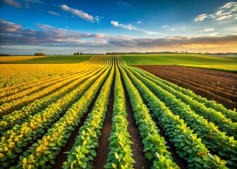 Soybean Plantation Rows: Diverse Ripening Stages, Agricultural Field, Farming, Harvest, Crops
