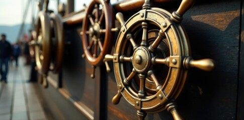 Obraz premium Vintage brass ship wheel with intricate details, rope, ornate