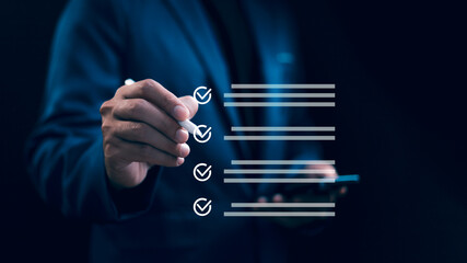 Checklist concept, Businessman mark checkboxes, Survey form, check marks on checklist, filling online form and answering questions. List options business employee security procedures followed office.