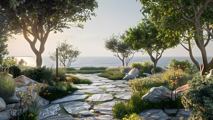 Tranquil Mediterranean Garden Path with Ocean View, Stone Pathway, Trees, and Lush Greenery