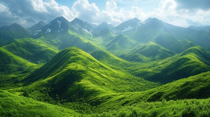 Naklejka premium Majestic Green Mountains Landscape: A Breathtaking Panorama of Rolling Hills and Snow-Capped Peaks