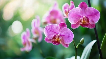 Lush garden with vibrant, colorful orchids in bloom.