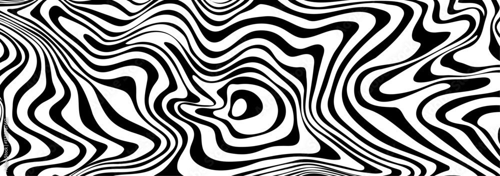 Poster 3D optical Illusion. Psychedelic black and white striped circles line pattern. Abstract geometric wavy curve background. Hypnotic op art style background wave. Vector design