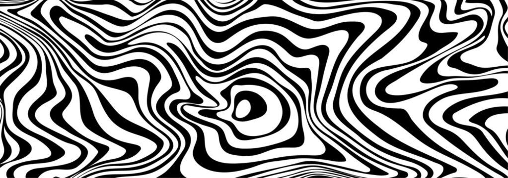 3D optical Illusion. Psychedelic black and white striped circles line pattern. Abstract geometric wavy curve background. Hypnotic op art style background wave. Vector design