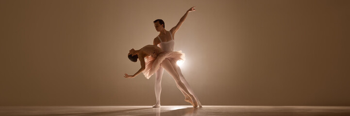Banner. Young ballerina in tutu, leaning on elegant man with extended arm, under soft illumination highlights their silhouettes. Concept of classical art, dance, ballet, love and grace, tenderness.