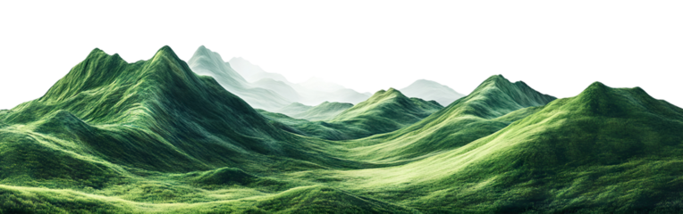 Green mountain landscape with peaks and hills, isolated on transparent cutout background