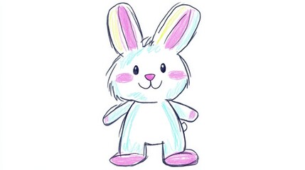 Obraz premium A cheerful bunny character is drawn in soft pastel colors, featuring large ears and a happy face. The simplicity of the design appeals to young audiences, creating a whimsical feel