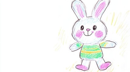 A cute bunny character with a smiling face and rosy cheeks stands happily. Dressed in a green and yellow striped shirt, it embodies youthful joy