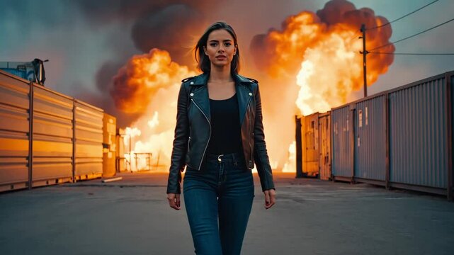 Confident woman in black leather jacket walking calmly with fire and smoke behind. Concept of courage