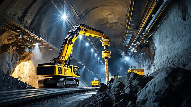 Heavy-Duty Excavator Drilling in Underground Tunnel Construction with Advanced Mining Equipment and Industrial Lighting

