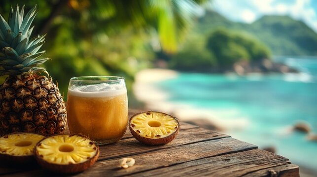 Tropical Refreshment with Pineapple Coconut and Refreshing Drink by the Beach. Generative AI