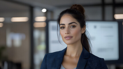 Naklejka premium Confident businesswoman in modern office setting
