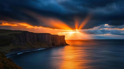 Seaside cliffs landscapes concept. Stunning sunset over calm waters and cliffs, showcasing nature's beauty and serenity.