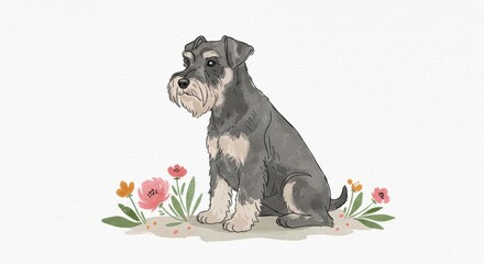 A charming illustration of a schnauzer sitting among colorful flowers on a textured background - white miniature schnauzer puppy