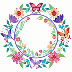 Abstract floral frame with flowers and leaves in pink and green featuring a butterfly and bouquet design