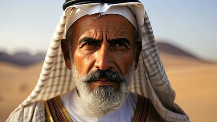 The gaze of Wisdom: A distinguished older man, clad in traditional cultural attire, presents a captivating portrait amidst a backdrop of the desert's golden sands.  - Powered by Adobe