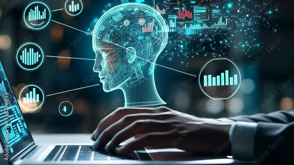 Poster a sleek hand interacts with a modern laptop as a holographic head emerges, symbolizing the fusion of