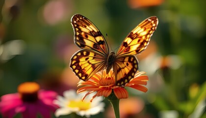 Obraz premium Butterfly on Orange Flower in Sunny Garden Close Up Nature Photography