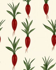 Obraz premium A vibrant pattern showcases fresh pinkish-red shallots with lush green tops on a creamy off-white background perfect for textile design and culinary ing.