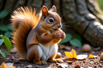 Adorable Squirrel Holding Nut with Bushy Tail in Forest Setting