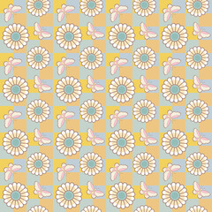 Seamless checkered pattern with flower and butterfly. Colorful abstract background with yellow, green, and pink.