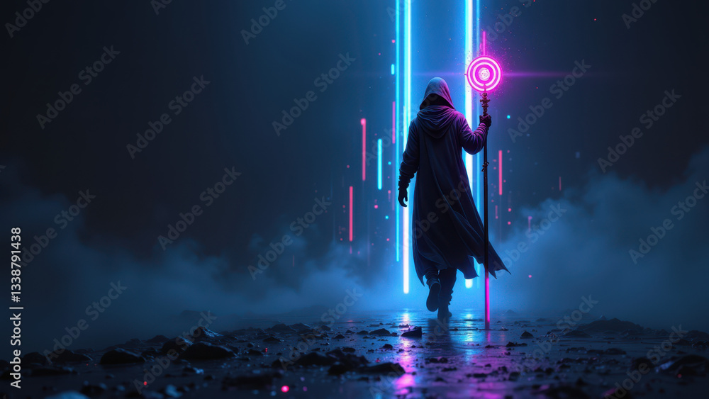 Poster a cyber wizard standing in front of a digital portal, with an aura of cybersecurity and cloud comput
