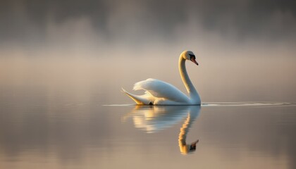 Fototapeta premium Graceful Swan Gliding on Calm Water with Reflection at Sunrise or Sunset