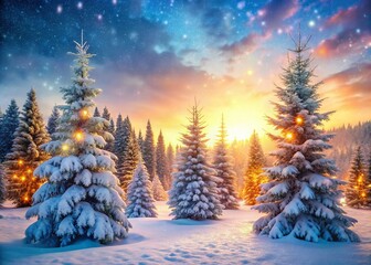Obraz premium Snowy Christmas Trees: Winter Wonderland Festive Holiday Scene