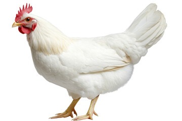 White chicken standing on a plain background, showcasing its features