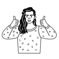 Portrait of a young smiling man with long hair. The doodle character shows a thumbs up gesture. Vector black and white illustration