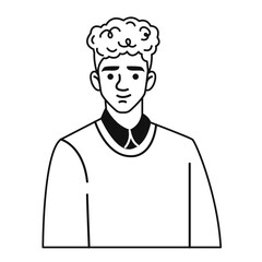 A young curly-haired man in a doodle style. Vector black and white  linear illustration, hand-drawn sketch