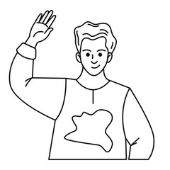 A young smiling man waves his hand. A gesture of greeting. Vector black and white doodle illustration