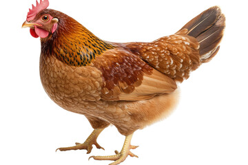 Fototapeta premium Colorful hen standing on a white background, showcasing feathers