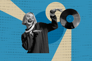 Composite photo collage of happy carefree girl dance retro occasion vinyl disk melody vintage 90s...