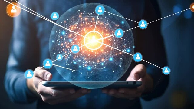 A person holds a tablet showing an abstract data connectivity representation, highlighting the importance of digital networking and modern technology in todays business practices