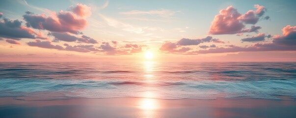 Fototapeta premium Sunset over ocean landscapes idea. Breathtaking sunset over calm ocean waters with colorful clouds and serene sky.