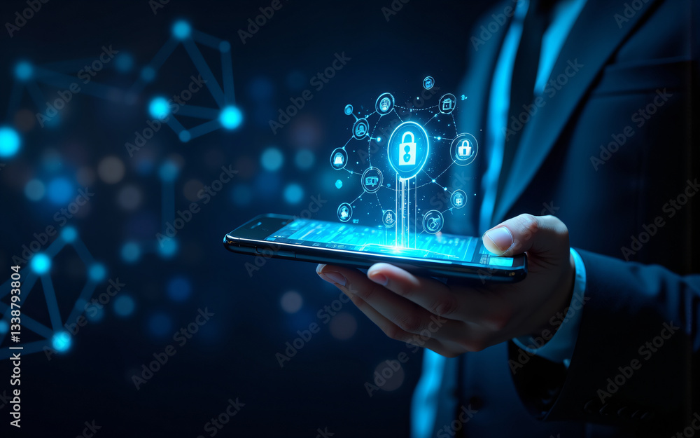 Poster a hand holds a smartphone displaying a digital lock icon surrounded by glowing network nodes on a da