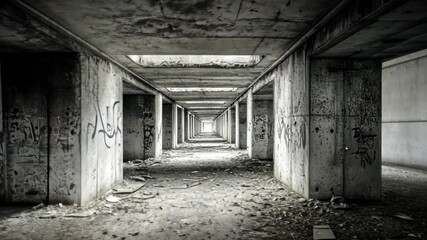 Urban exploration reveals abandoned structure with graffiti and debris in black and white - Powered by Adobe