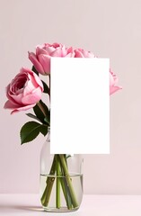 Obraz premium Postcard for Mother's Day. Pink background. Postcard layout made of white blank paper and beautiful flowers. Spring bouquet. 
