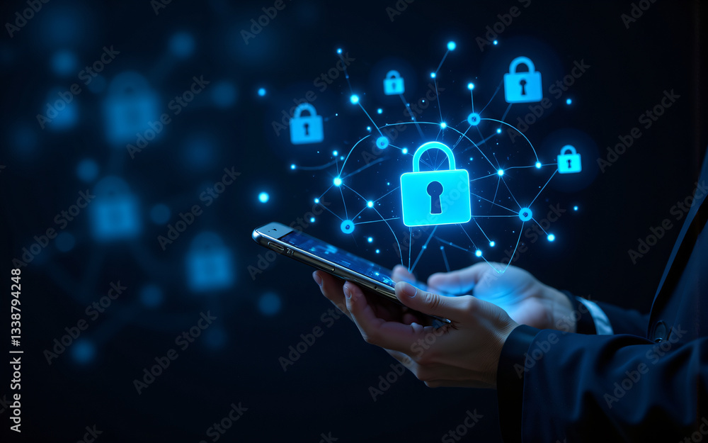 Poster a person holds a smartphone displaying glowing blue lock icons connected by lines, symbolizing digit