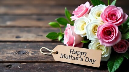 Postcard for Mother's Day. Background with decorations and Happy Mother's Day inscription. Flowers on wooden table