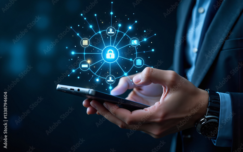 Poster a person uses a smartphone with a digital lock and icons floating above. representing secure digital