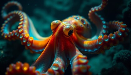 Vibrant Octopus in Underwater Realm Close-up view of an octopus with striking orange and blue hues, showcasing its intricate texture and suction cups against a dark, mysterious background.
