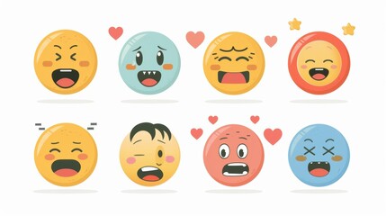 Fototapeta premium Striking Flat - Style Vector Emoji Set: Diverse Reactions for Social Networks, Isolated on White