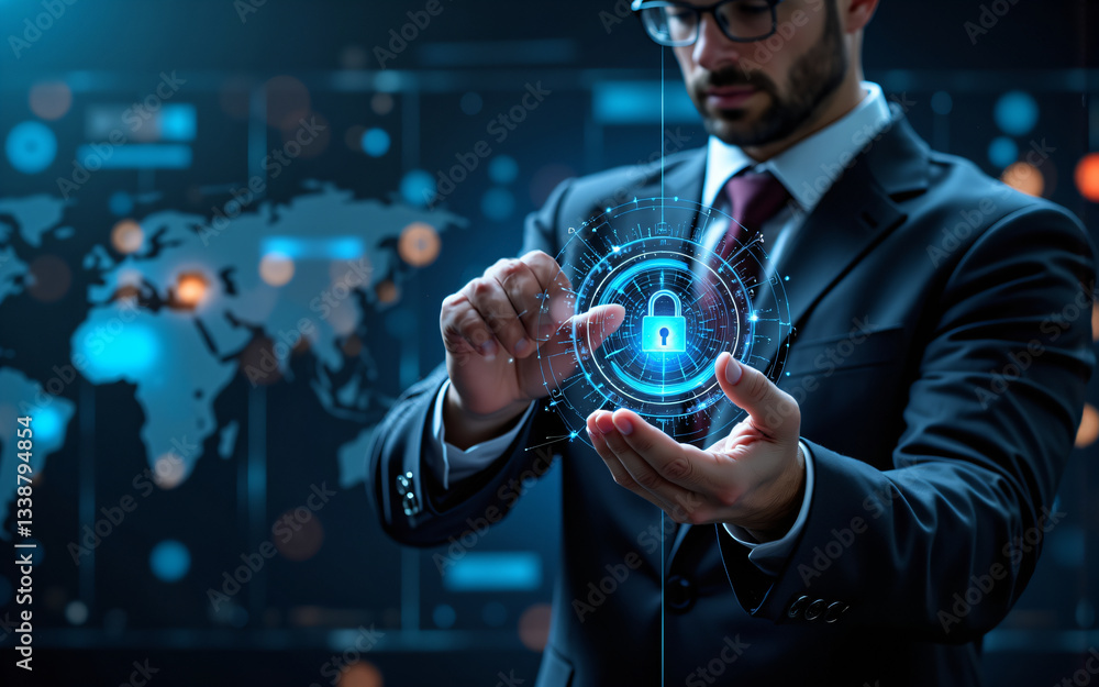 Poster a man in a suit interacts with a digital padlock hovering above a world map, indicating cybersecurit