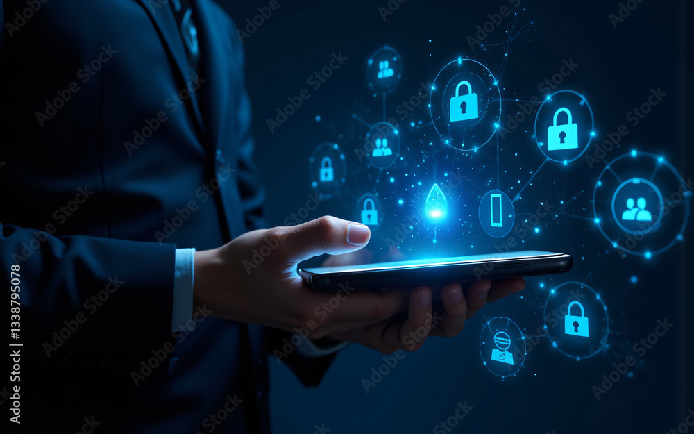 Poster business professional uses a tablet displaying digital lock icons and network symbols, representing 