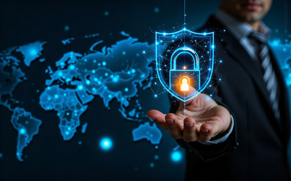 A person in a suit presents a digital shield with a padlock over a glowing world map, symbolizing global digital security.